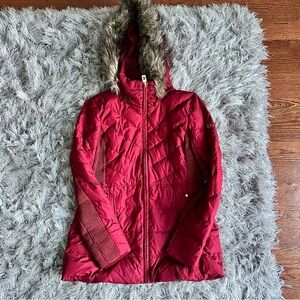 Women's Red Quilted Jacket with Faux Fur Hood
